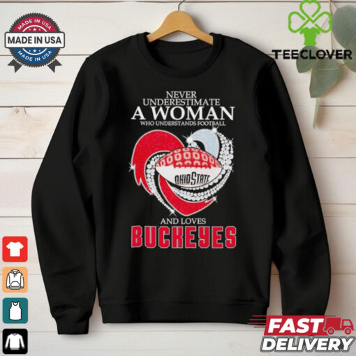 Heart never underestimate a woman who understands football and love Ohio State Buckeyes shirt