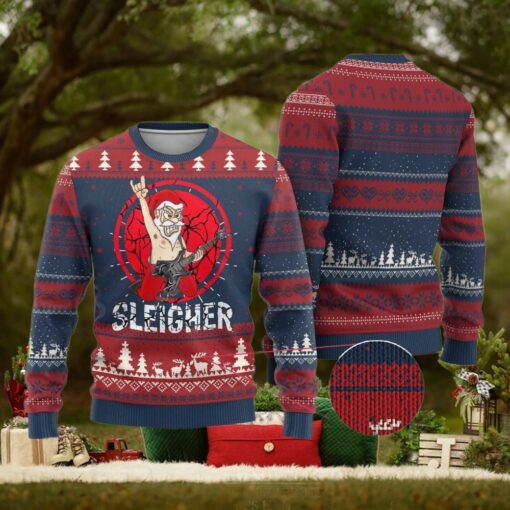 Heavy Mental Ugly Christmas Sweater Sleigher Santa Playing Guitar