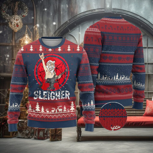 Heavy Mental Ugly Christmas Sweater Sleigher Santa Playing Guitar