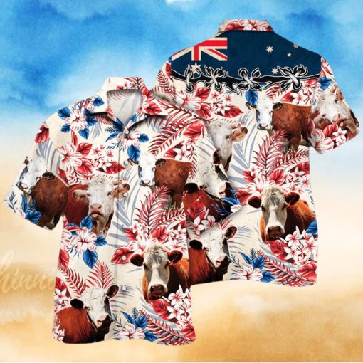 Hereford Cattle Australian Flag Hawaiian Flowers All Over Printed 3D Hawaiian Shirt