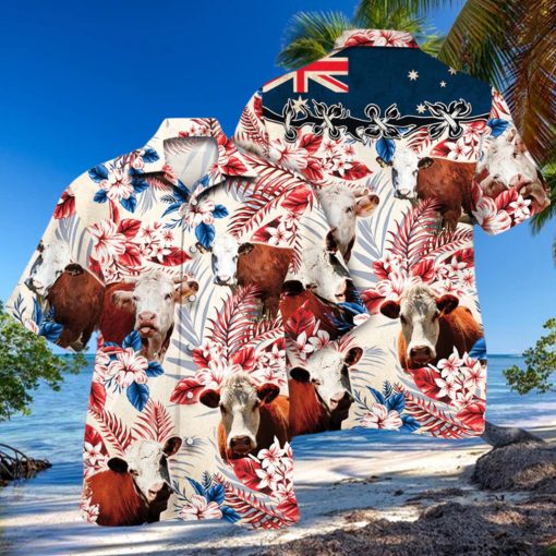 Hereford Cattle Australian Flag Hawaiian Flowers All Over Printed 3D Hawaiian Shirt