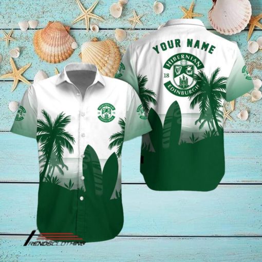 Hibernian FC Palm Tree Surfboard Personalized Name Button Shirt