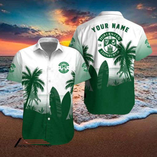 Hibernian FC Palm Tree Surfboard Personalized Name Button Shirt