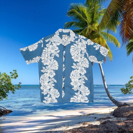 Hibiscus Monstera Panel Light Blue Rayon Men s Hawaiian Shirt