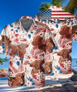 Highland Cow Cattle With American Flag Hawaiian Shirt