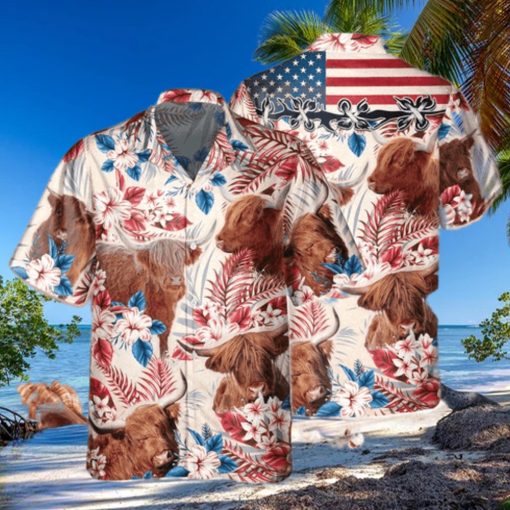 Highland Cow Cattle With American Flag Hawaiian Shirt