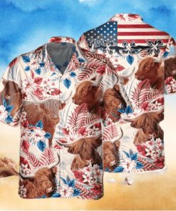 Highland Cow Cattle With American Flag Hawaiian Shirt