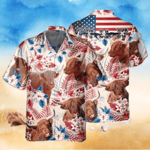 Highland Cow Cattle With American Flag Hawaiian Shirt