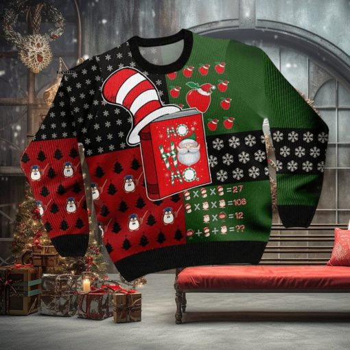 Ho Ho Ho Teacher With A Book Wearing Dr Seuss Hat And Christmas Pattern For Teachers On National Knitting Pattern Ugly Christmas Sweater