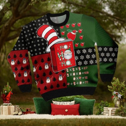 Ho Ho Ho Teacher With A Book Wearing Dr Seuss Hat And Christmas Pattern For Teachers On National Knitting Pattern Ugly Christmas Sweater