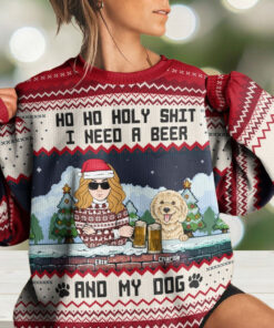 Ho Ho Holy I Need A Beer Bourbon Wine And My Dog, Personalized Ugly Sweater