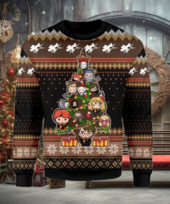 Hogwarts Characters Chibi With Christmas Tree Ugly Sweater