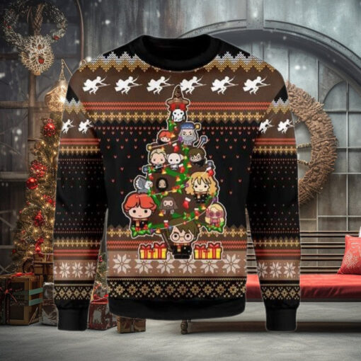 Hogwarts Characters Chibi With Christmas Tree Ugly Sweater