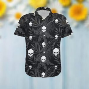 Horror Skulls Custom Name Men Hawaiian Tropical Floral Beach Button Up Shirt For Skeleton Lovers On Summer Vacation