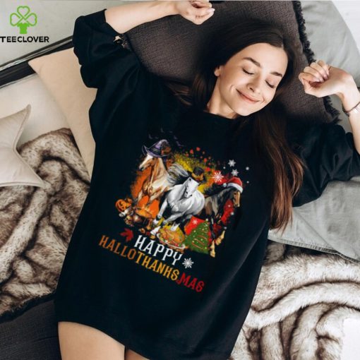 Horse With Witch Thanks Santa Hats   Halloween Thanksgiving Christmas Horse Classic T Shirt