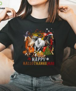 Horse With Witch Thanks Santa Hats Halloween Thanksgiving Christmas Horse Classic T Shirt