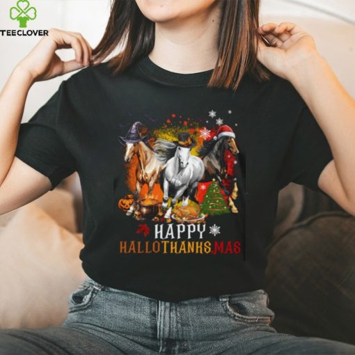 Horse With Witch Thanks Santa Hats   Halloween Thanksgiving Christmas Horse Classic T Shirt
