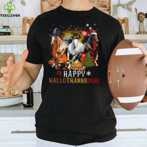 Horse With Witch Thanks Santa Hats   Halloween Thanksgiving Christmas Horse Classic T Shirt