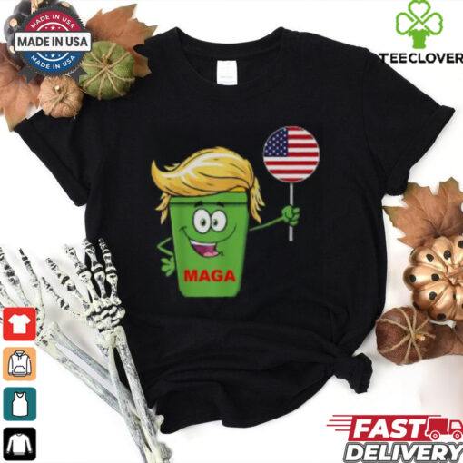 Hot Trump Maga Cartoon Garbage Can American Flag T Shirt