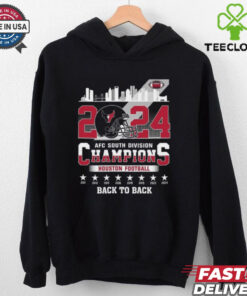 Houston American Football 2024 AFC South Champions Back To Back T-shirt, featuring skyline and helmet design, unisex fit, Houston Texans fan gear, AFC South division championship shirt.