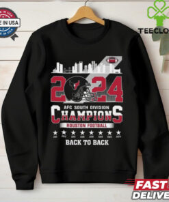 Houston American Football 2024 AFC South Champions Back To Back T-shirt, featuring skyline and helmet design, unisex fit, Houston Texans fan gear, AFC South division championship shirt.
