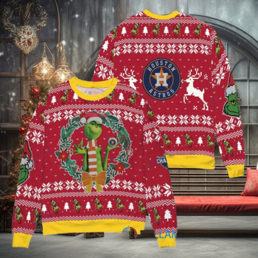Houston Astros x Grinch Dr. Seuss How the Grinch Stole Christmas MLB with World Series Trophy Ugly Christmas Sweater Red