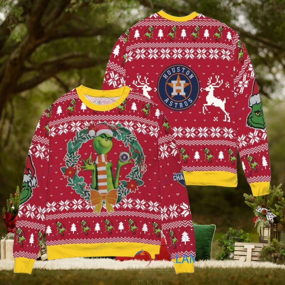 Houston Astros x Grinch Dr. Seuss How the Grinch Stole Christmas MLB with World Series Trophy Ugly Christmas Sweater Red Houston Astros x Grinch Dr. Seuss How the Grinch Stole Christmas MLB with World Series Trophy Ugly Christmas Sweater Red