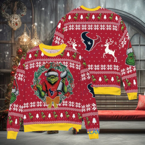 Houston Texans x Grinch NFL Dr. Seuss How the Grinch Stole Christmas with Super Bowl Trophy Ugly Christmas Sweater Red