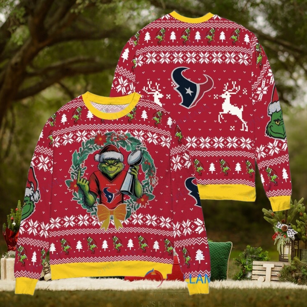 Houston Texans x Grinch NFL Dr. Seuss How the Grinch Stole Christmas with Super Bowl Trophy Ugly Christmas Sweater Red Houston Texans x Grinch NFL Dr. Seuss How the Grinch Stole Christmas with Super Bowl Trophy Ugly Christmas Sweater Red