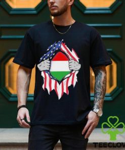 Hungarian American Flags Hands Ripping Flag on Chest Shirt