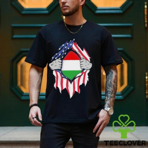 Hungarian American Flags Hands Ripping Flag on Chest Shirt