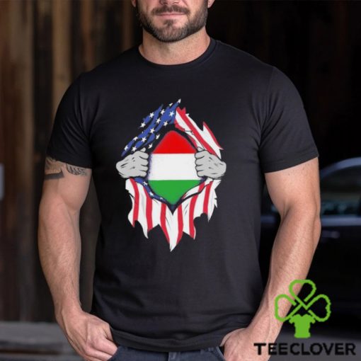 Hungarian American Flags Hands Ripping Flag on Chest Shirt