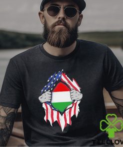 Hungarian American Flags Hands Ripping Flag on Chest Shirt