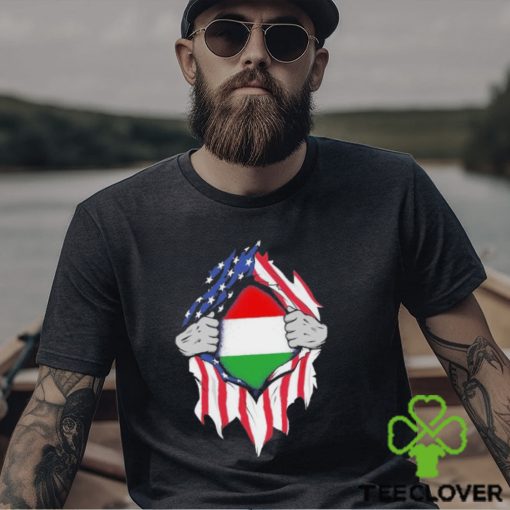 Hungarian American Flags Hands Ripping Flag on Chest Shirt