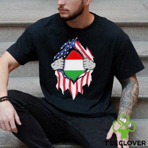 Hungarian American Flags Hands Ripping Flag on Chest Shirt