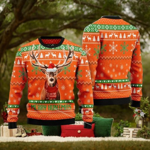 Hunting Ugly Christmas Merry Huntmas Deer Christmas Pattern Orange Christmas Ugly Sweater 3D Gift For Men And Women