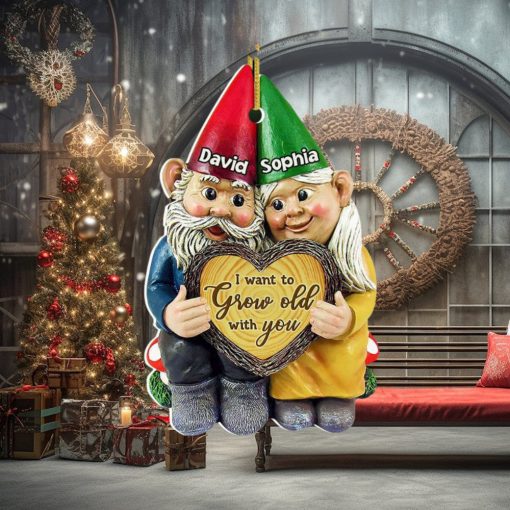 I Want To Grow Old With You, Couple Gift, Personalized Acrylic Ornament, Old Garden Gnome Couple Ornament, Christmas Gift