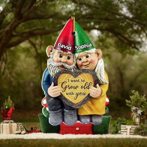 I Want To Grow Old With You, Couple Gift, Personalized Acrylic Ornament, Old Garden Gnome Couple Ornament, Christmas Gift