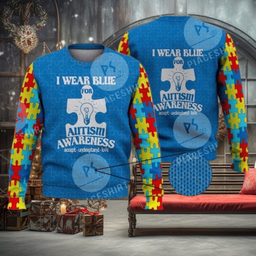 I Wear Blue For Autism Awareness 3D Full Print Ugly Sweater Christmas Gift Sweater