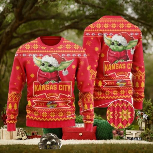 Kansas City Chiefs Cute Baby Yoda Grogu Ugly Christmas Sweater