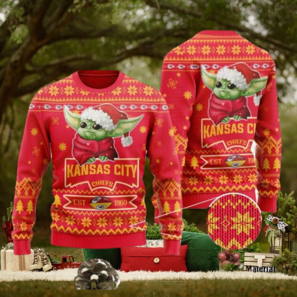 Kansas City Chiefs Cute Baby Yoda Grogu Ugly Christmas Sweater