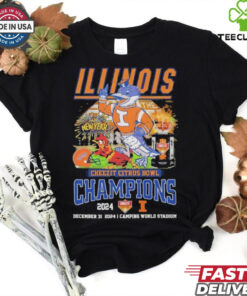 Illinois Fighting Illini Cheez-It Citrus Bowl Champions 2024 Mascot T-shirt, featuring a vibrant mascot design, unisex fit, fan-favorite style, celebrating Illinois' victory at the 2024 Cheez-It Citrus Bowl. Perfect for Illinois fans to show their team pride and championship victory.