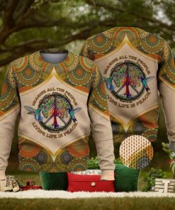 Imagine All The People Living Life In Peace Hippie Bird And Tree For Christmas Gifts Ugly Xmas Wool Knitted Sweater