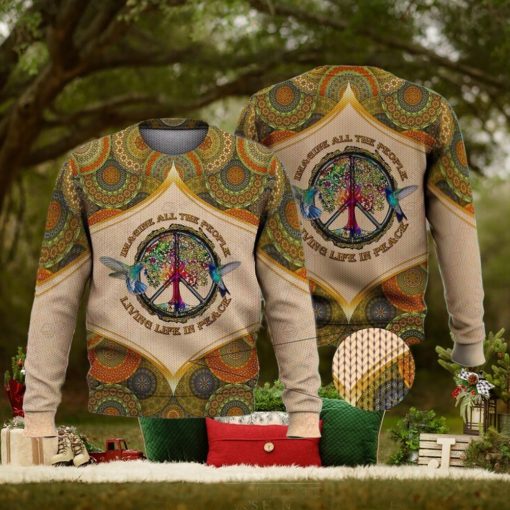 Imagine All The People Living Life In Peace Hippie Bird And Tree For Christmas Gifts Ugly Xmas Wool Knitted Sweater