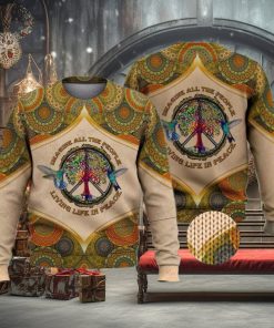 Imagine All The People Living Life In Peace Hippie Bird And Tree For Christmas Gifts Ugly Xmas Wool Knitted Sweater