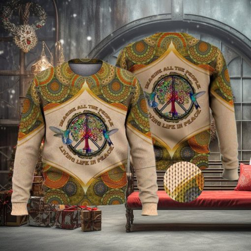 Imagine All The People Living Life In Peace Hippie Bird And Tree For Christmas Gifts Ugly Xmas Wool Knitted Sweater