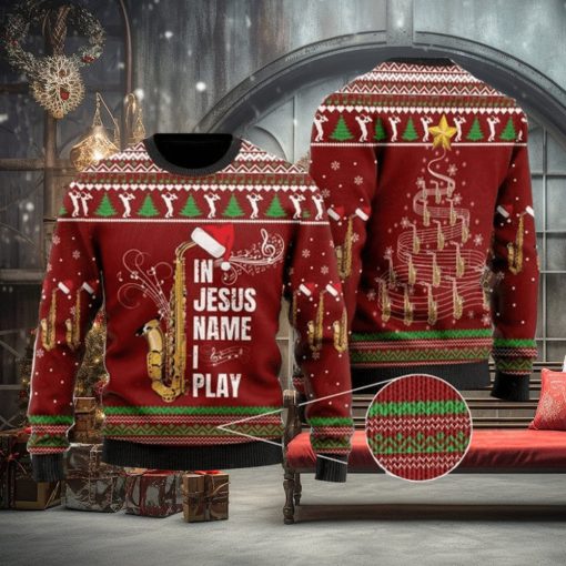 In Jesus Name I Play For Saxophone Lovers Ugly Christmas Sweater