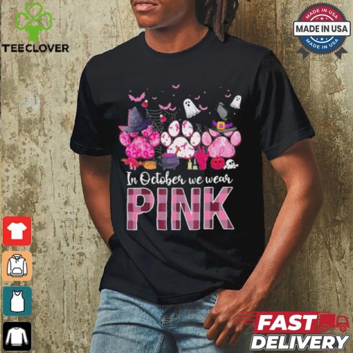 In October We Wear P.I.N.K Breast Cancer Halloween Dog Paws Shirt