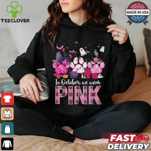 In October We Wear P.I.N.K Breast Cancer Halloween Dog Paws Shirt