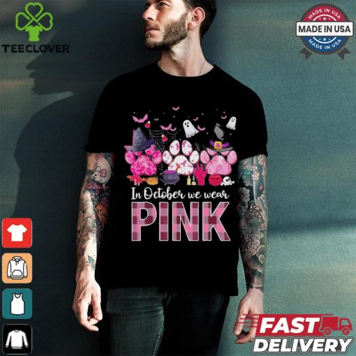 In October We Wear P.I.N.K Breast Cancer Halloween Dog Paws Shirt